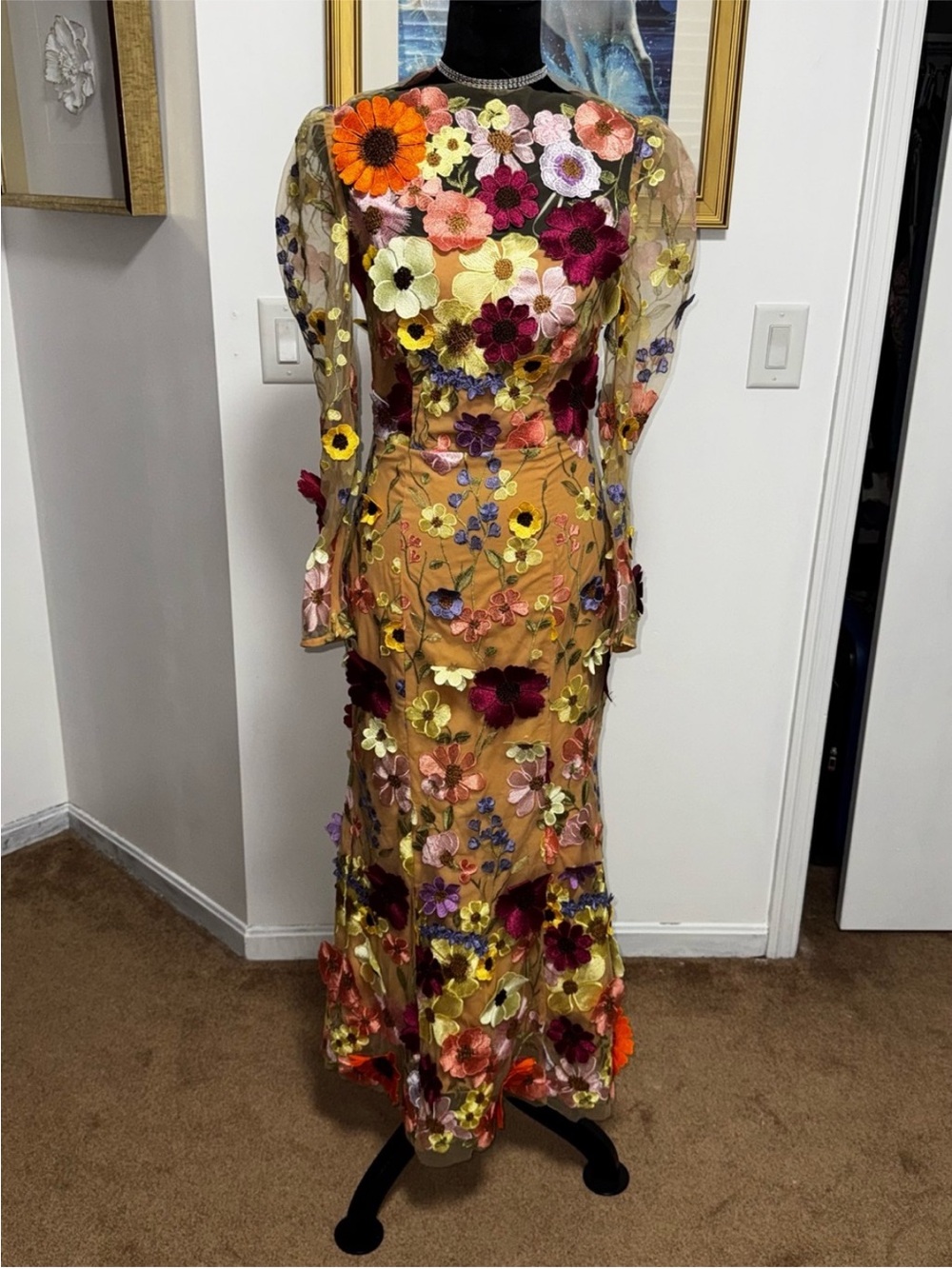 Floral Appliqué Sheer Long-Sleeve Midi Dress - Multi - Picture 5 of 11